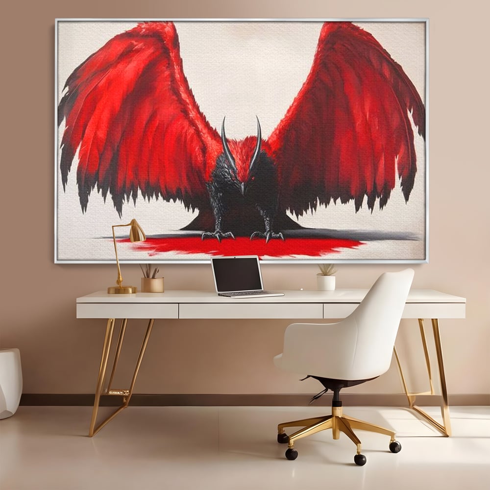 Tablou canvas cu tablou canvas cu pasare fantastica rosu cu negru, in rama de aluminiu argintiu, pe perete intr-un birou